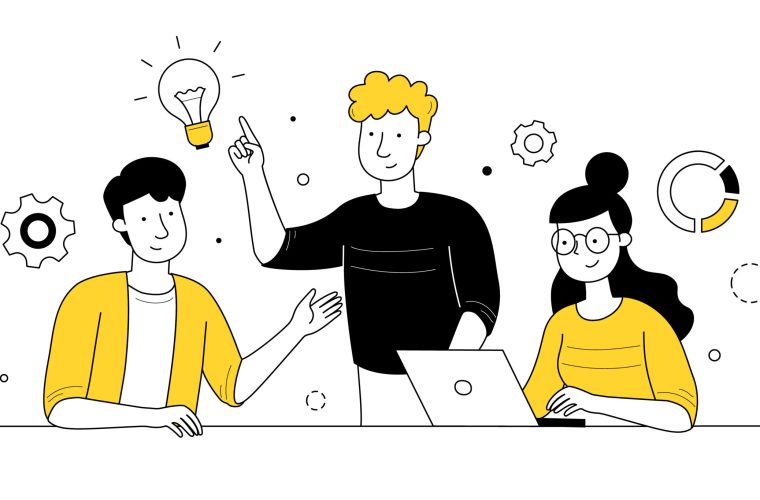 People work in office together. Concept of teamwork, brainstorm, team meeting. Vector doodle illustration of employees with laptop have idea, icons of light bulb and gears